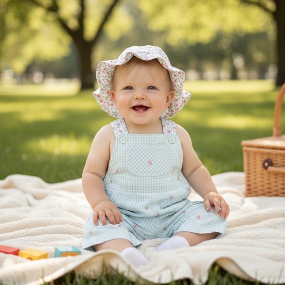 Gymboree Aqua Gingham Pink Floral overalls with Matching Sun Hat Size 6-9mths